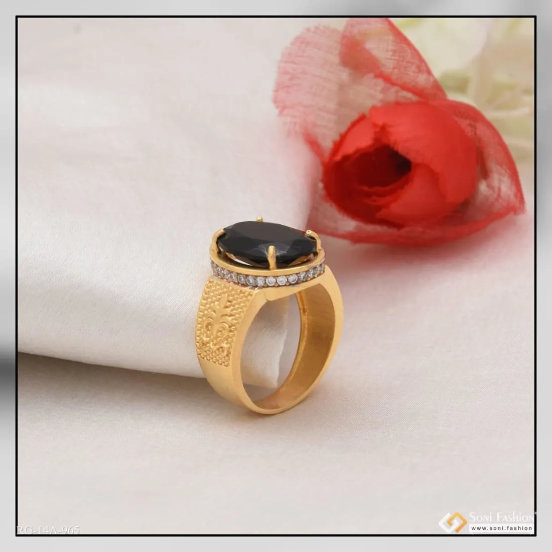 1 Gram Gold Forming Black Stone with Diamond Fashionable Design Ringq - Style A965