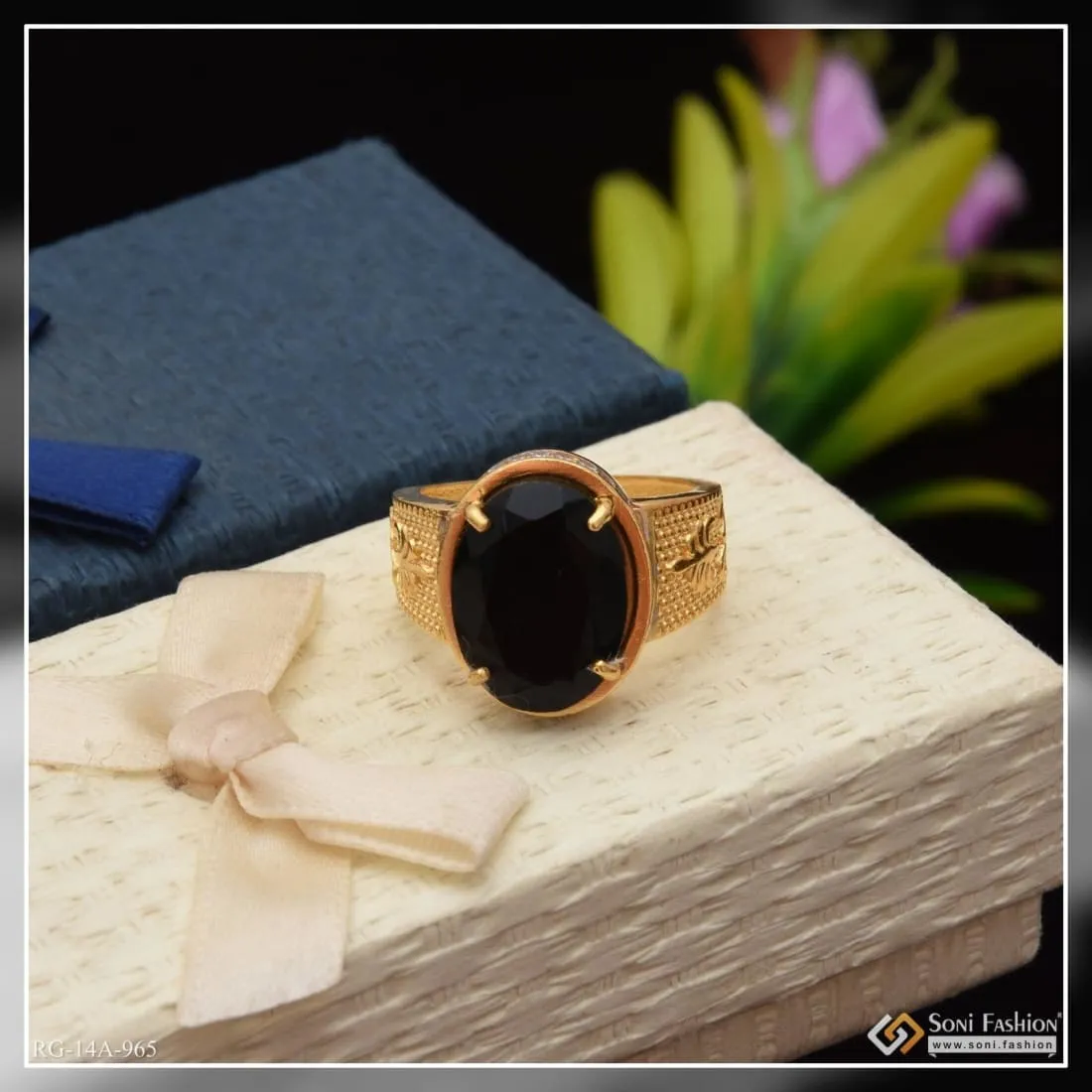 1 Gram Gold Forming Black Stone with Diamond Fashionable Design Ringq - Style A965