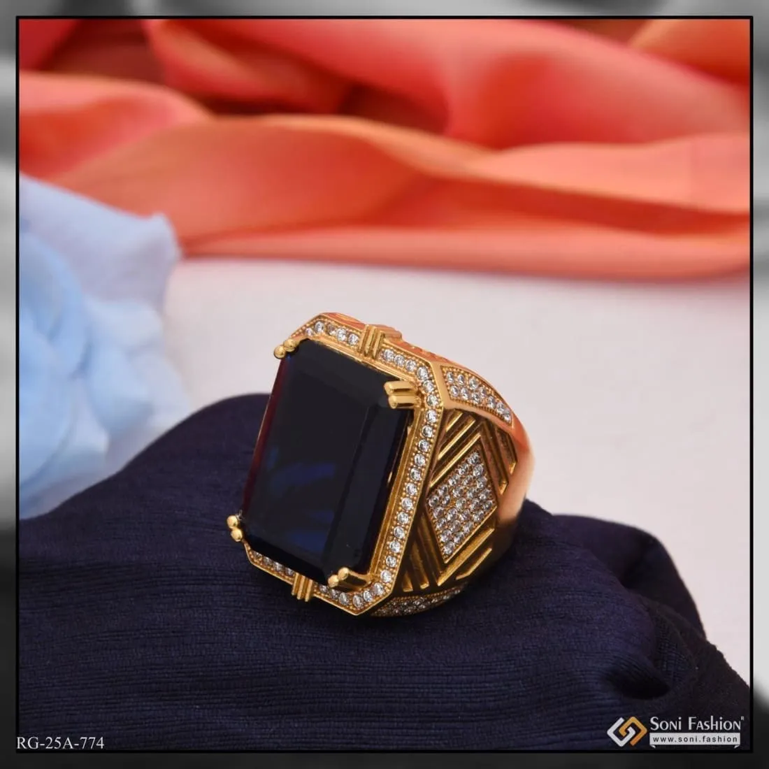 1 Gram Gold Forming Blue Stone with Diamond Fashionable Design Ring for Men - Style A774