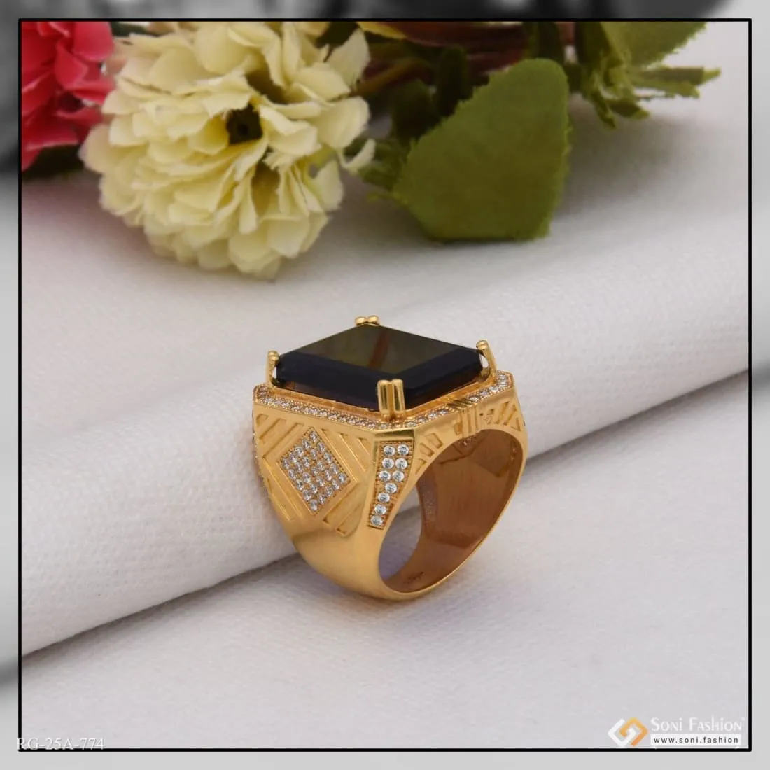 1 Gram Gold Forming Blue Stone with Diamond Fashionable Design Ring for Men - Style A774