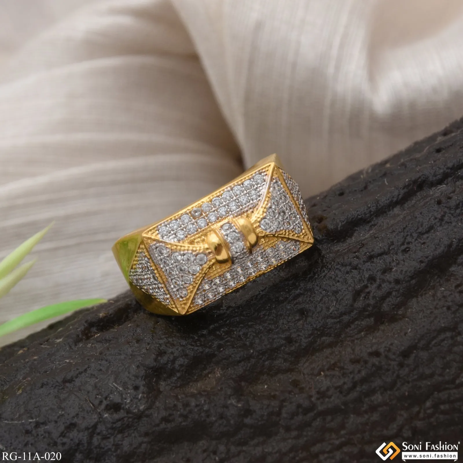 1 Gram Gold Forming Delicate Design with Diamond Gold Plated Ring for Men - Style A020