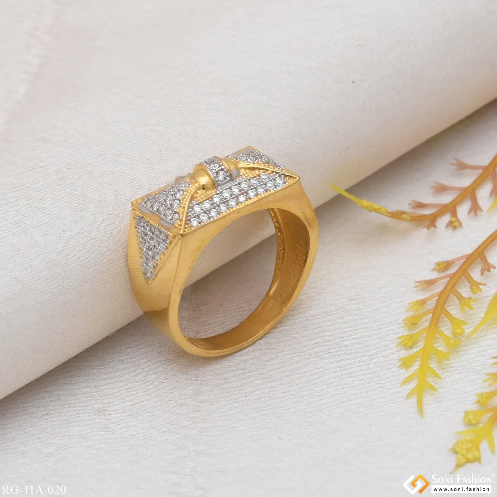 1 Gram Gold Forming Delicate Design with Diamond Gold Plated Ring for Men - Style A020