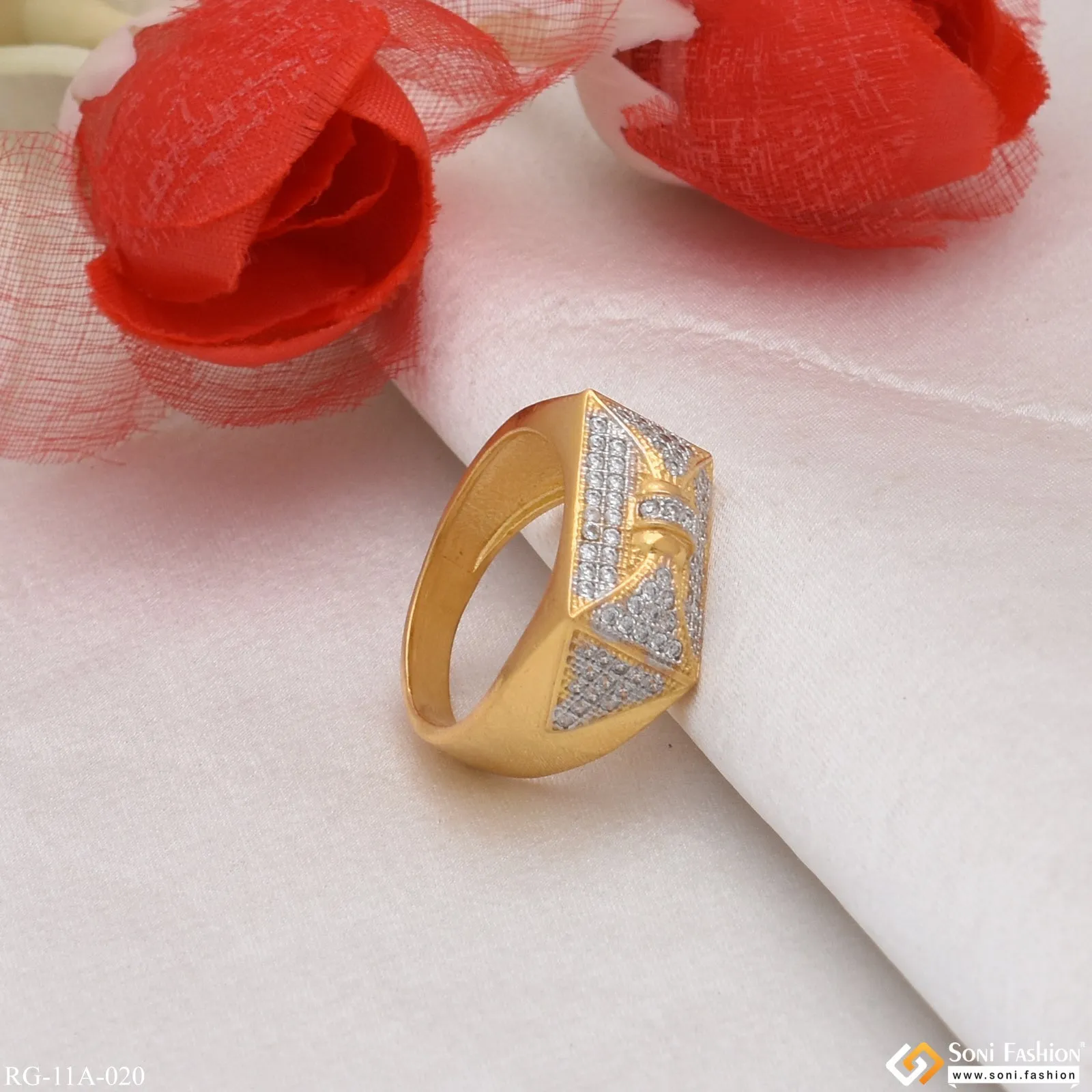 1 Gram Gold Forming Delicate Design with Diamond Gold Plated Ring for Men - Style A020