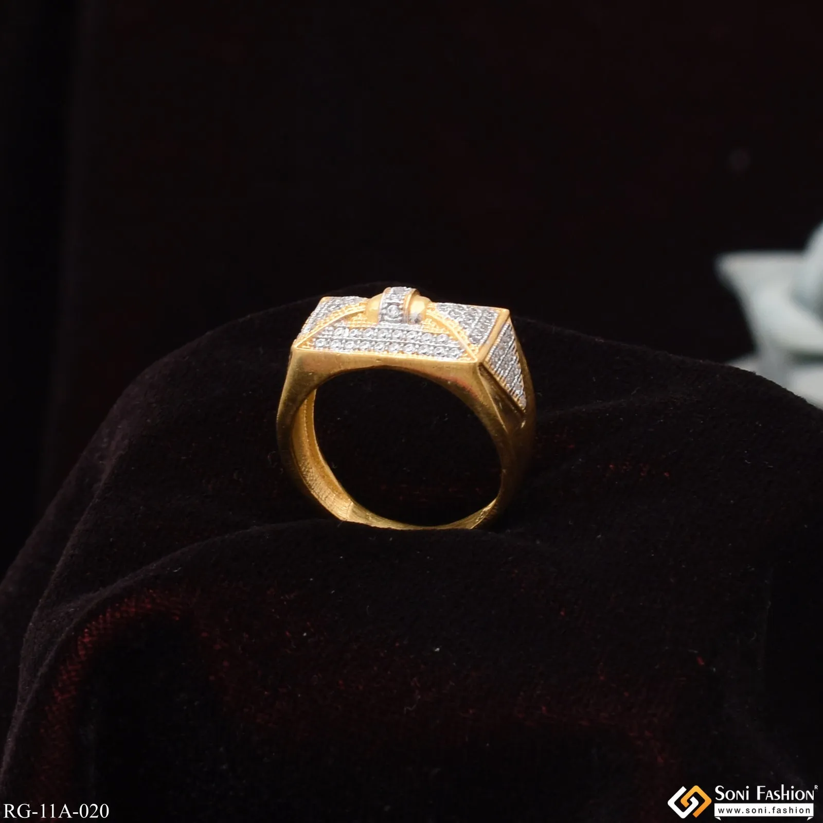 1 Gram Gold Forming Delicate Design with Diamond Gold Plated Ring for Men - Style A020