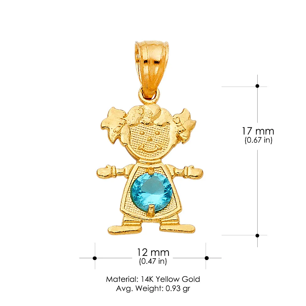 14K Gold Birthstone CZ Girl Charm Pendant with 0.9mm Singapore Chain Necklace