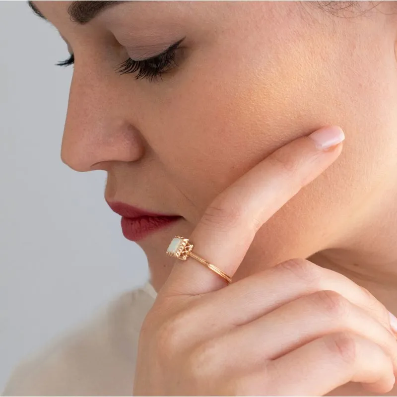14K Rose Gold White Opal Square Solitaire Ring