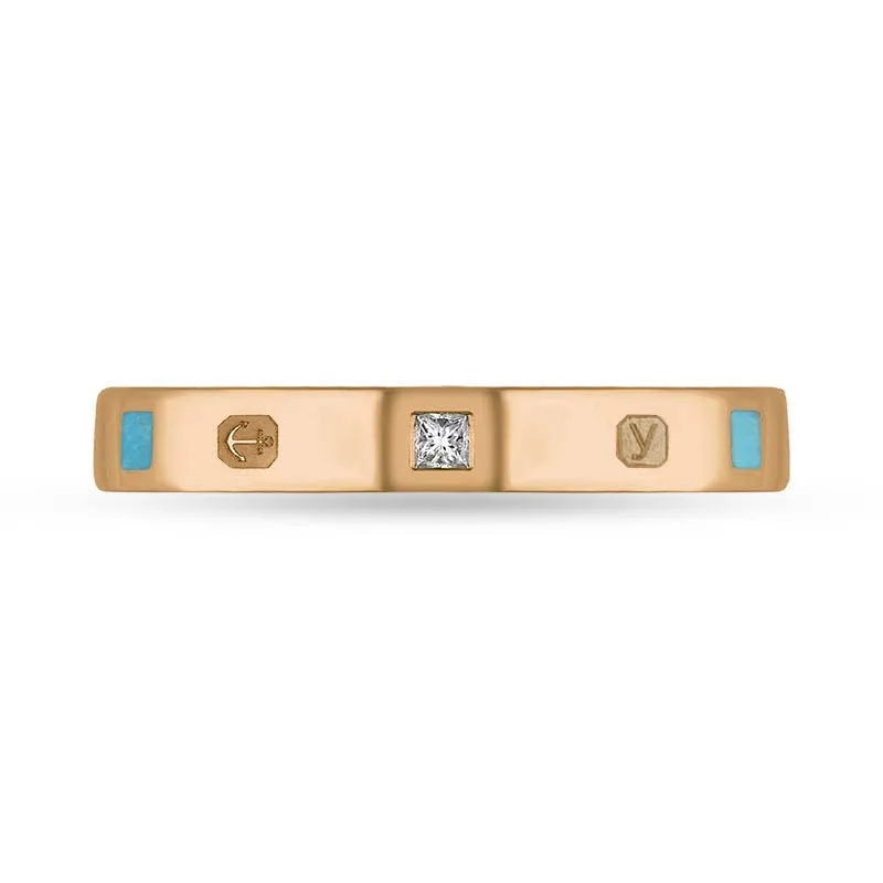 Princess Cut 0.05ct Diamond and Turquoise Ring in 18ct Rose Gold, 3mm - Kings Coronation Hallmark Edition