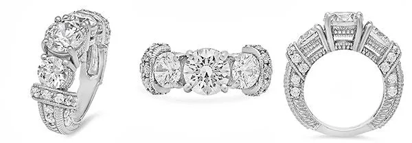 2 Carat Round Brilliant Cubic Zirconia with 0.75 on Each Side Stones Engraved Pave Set 14K White Gold Ring