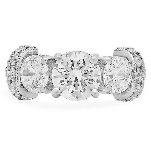 2 Carat Round Brilliant Cubic Zirconia with 0.75 on Each Side Stones Engraved Pave Set 14K White Gold Ring
