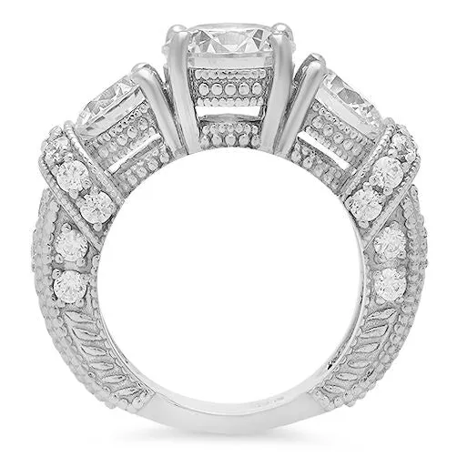 2 Carat Round Brilliant Cubic Zirconia with 0.75 on Each Side Stones Engraved Pave Set 14K White Gold Ring