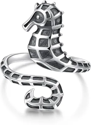 Antiqued Seahorse Adjustable Wrap Ring, Sterling Silver