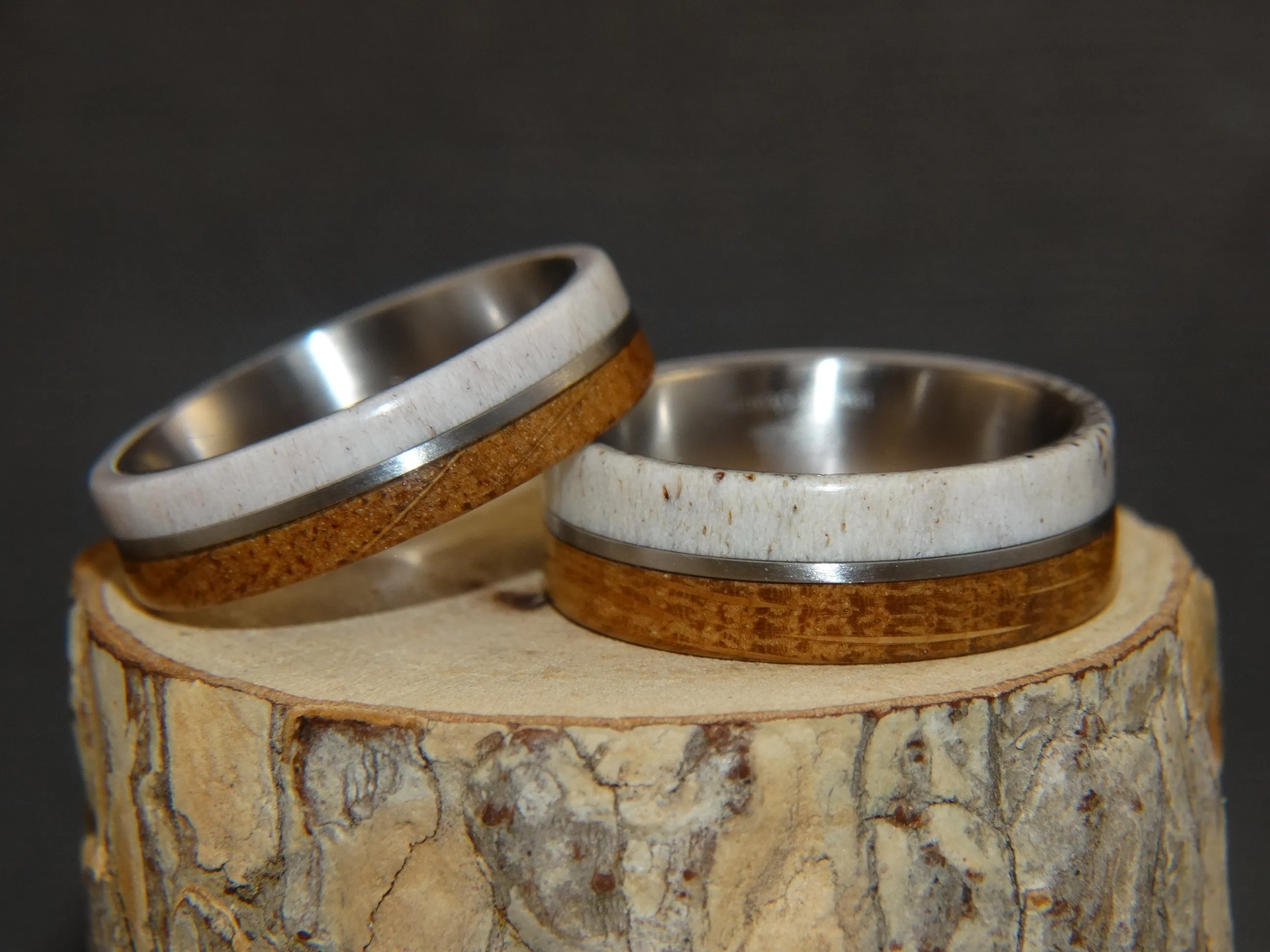 Bentwood Rings - "The Great Outdoors Couple" Set Antler, Whiskey Barrel Oak, Titanium Inlay and Core
