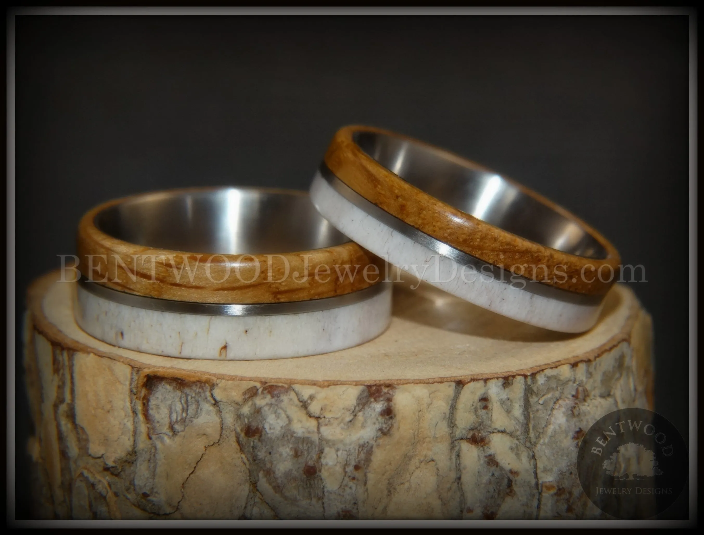 Bentwood Rings - "The Great Outdoors Couple" Set Antler, Whiskey Barrel Oak, Titanium Inlay and Core