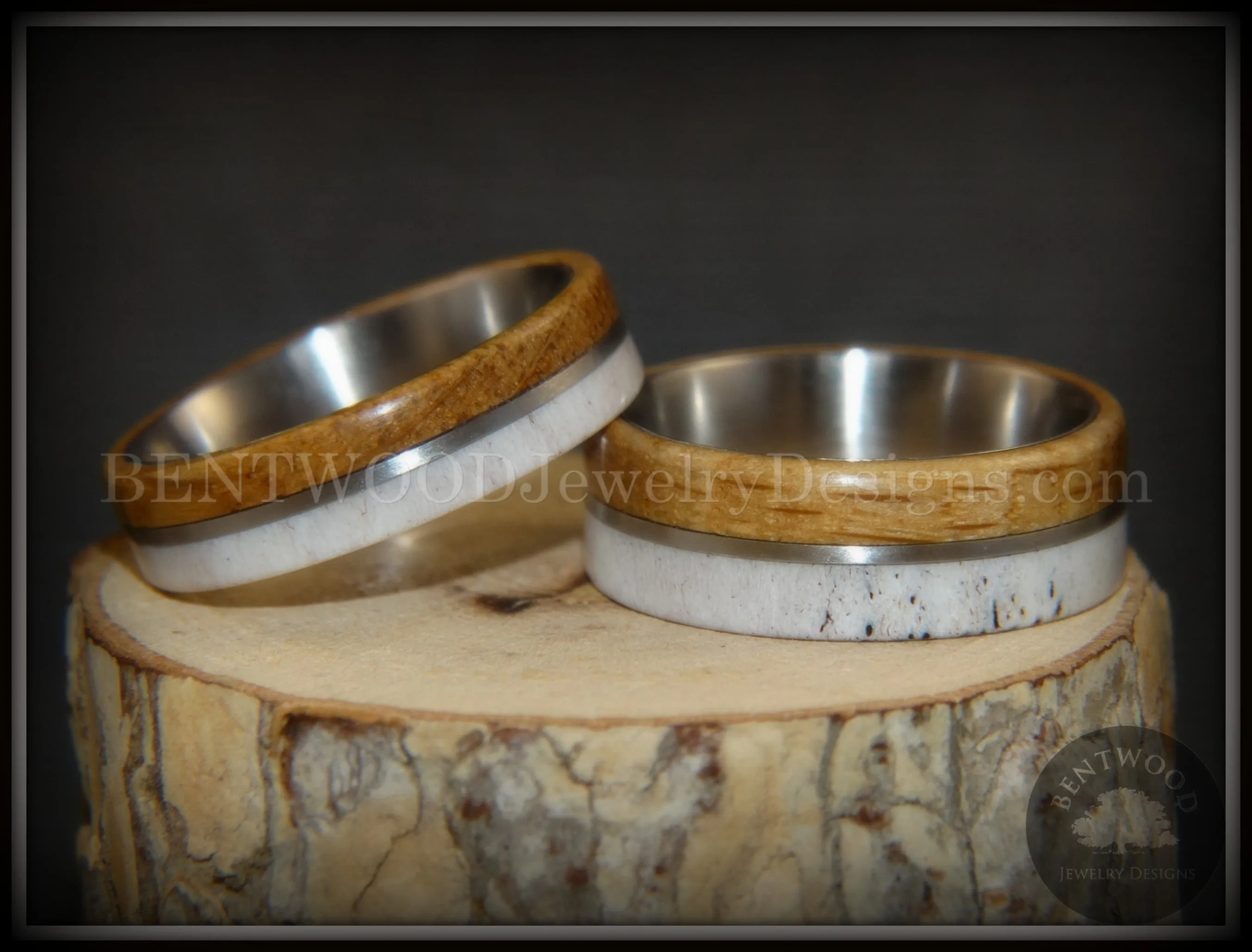 Bentwood Rings - "The Great Outdoors Couple" Set Antler, Whiskey Barrel Oak, Titanium Inlay and Core