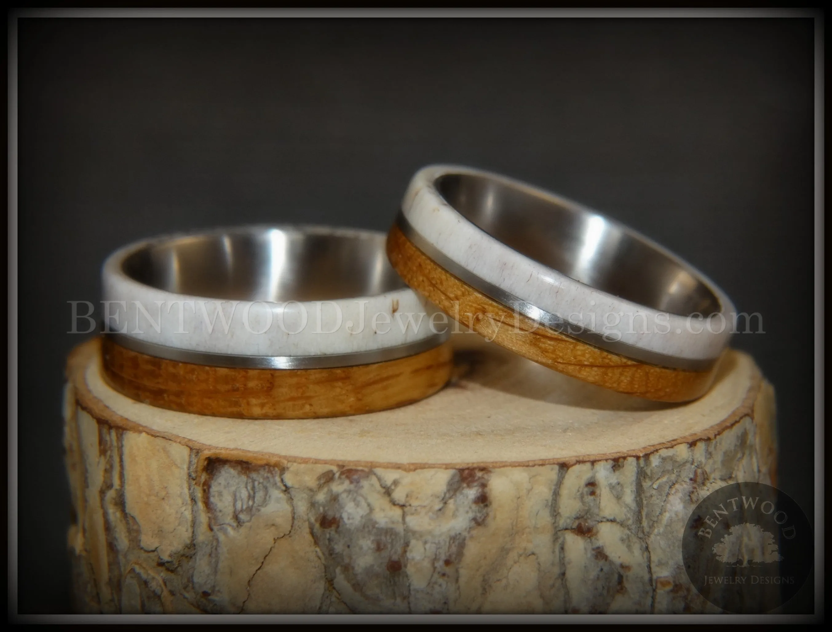 Bentwood Rings - "The Great Outdoors Couple" Set Antler, Whiskey Barrel Oak, Titanium Inlay and Core
