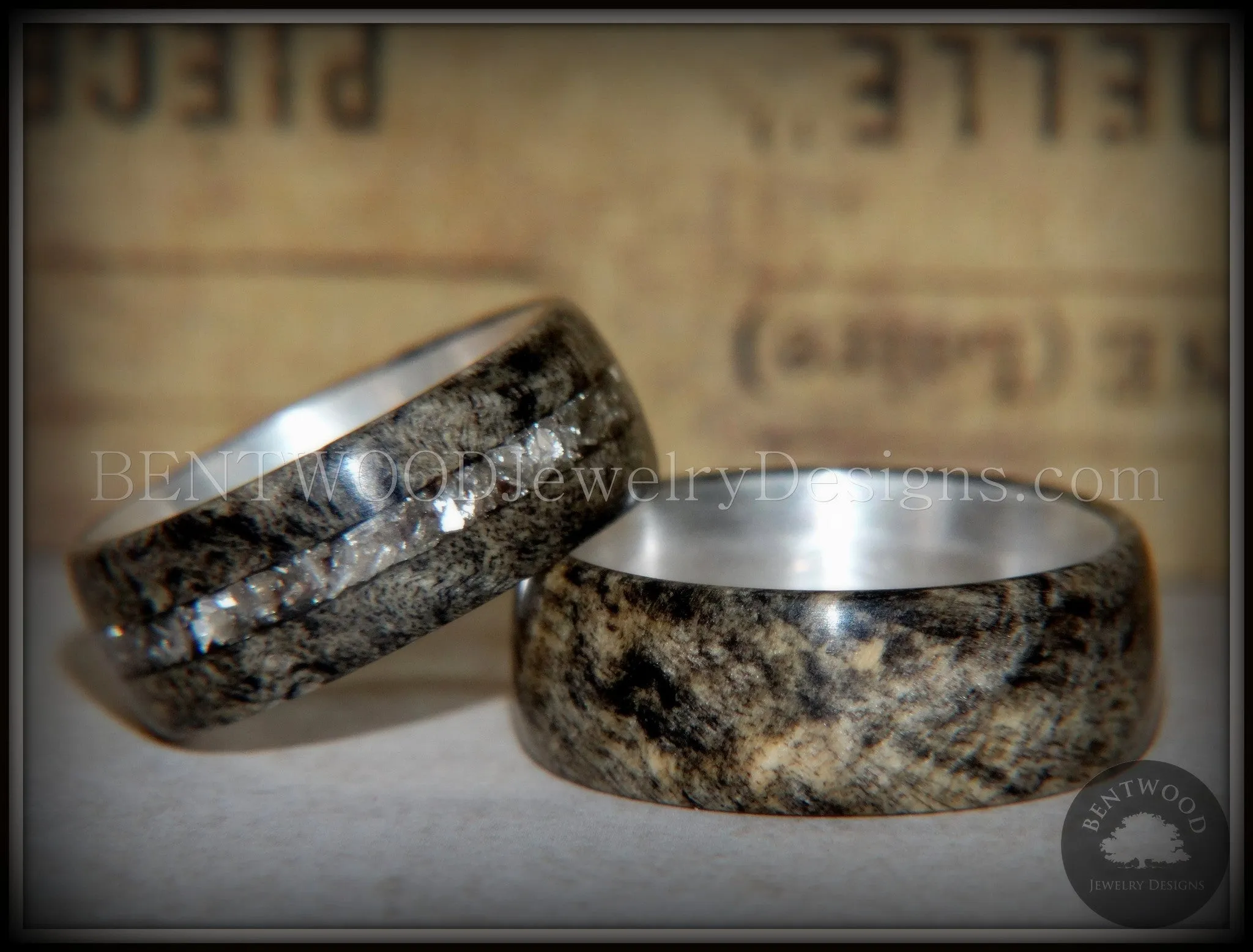 Bentwood Rings Set - "Ohio" Buckeye Burl on Silver Core Classic and Glass Inlay