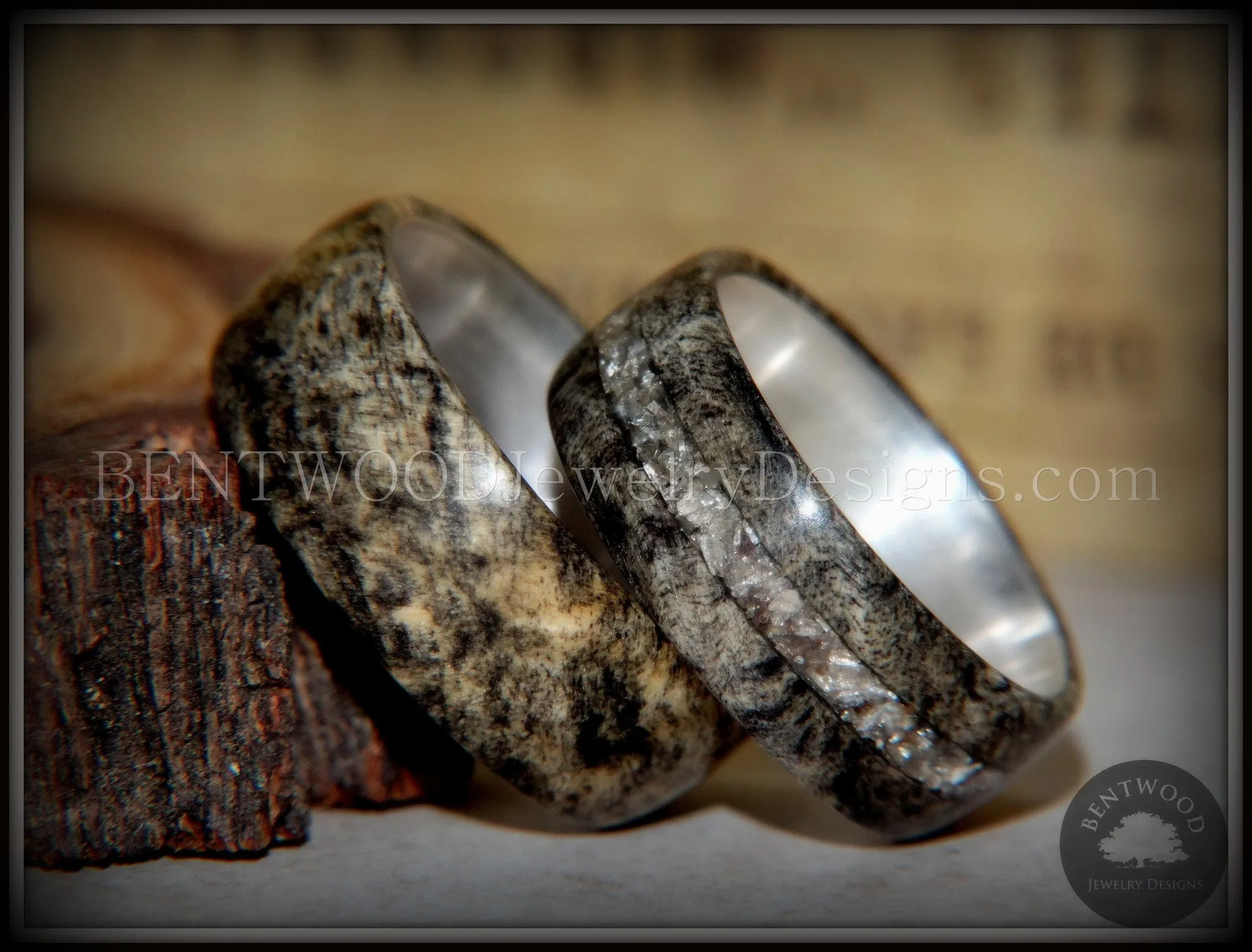 Bentwood Rings Set - "Ohio" Buckeye Burl on Silver Core Classic and Glass Inlay
