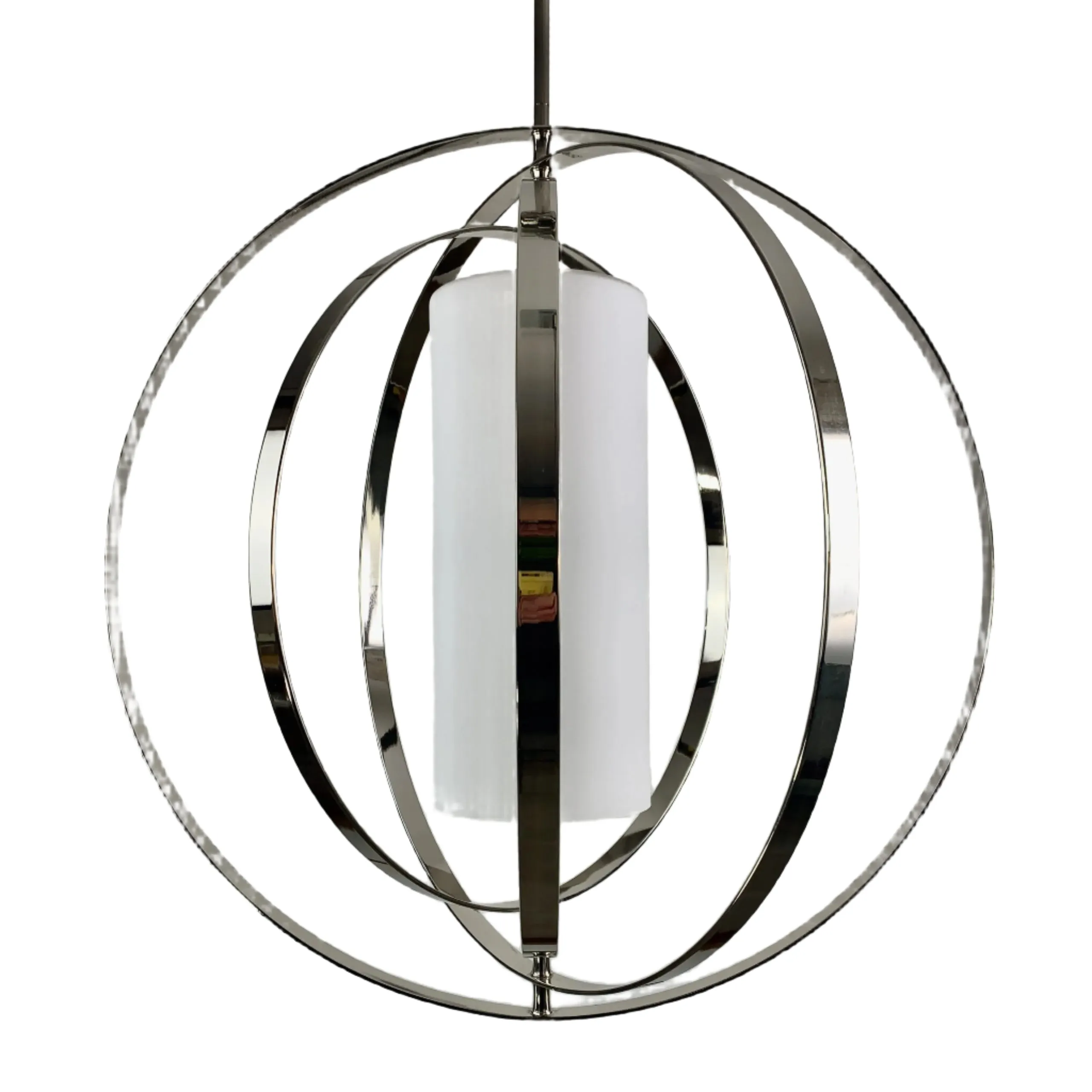 Equinox Foyer Lantern, Hanging Light, Large, Contemporary, Nickel, Frosted Glass Cylindar
