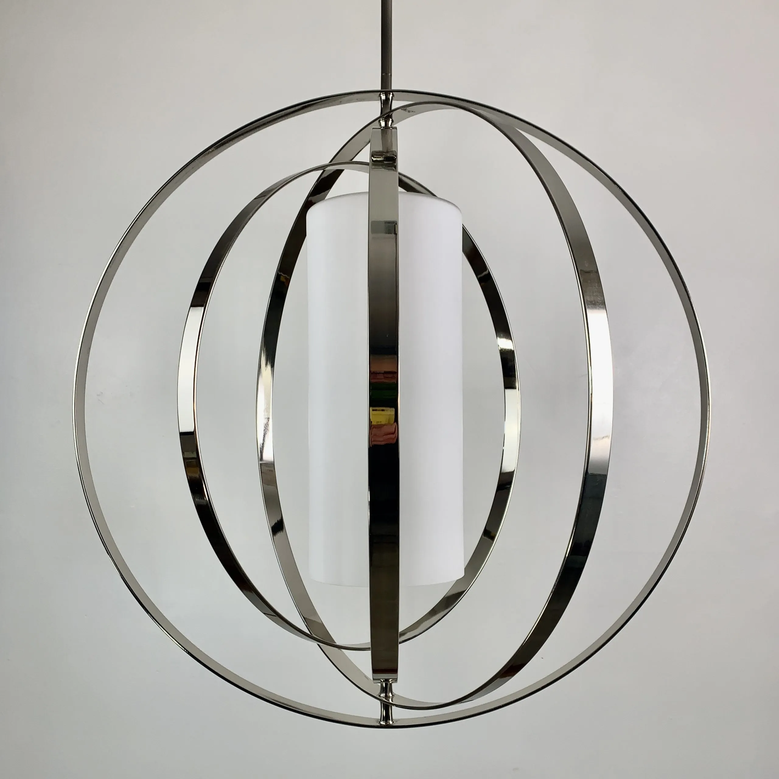 Equinox Foyer Lantern, Hanging Light, Large, Contemporary, Nickel, Frosted Glass Cylindar