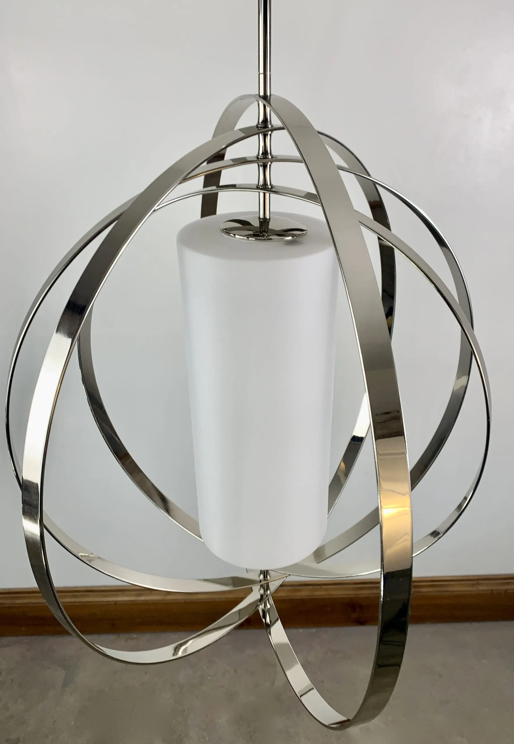 Equinox Foyer Lantern, Hanging Light, Large, Contemporary, Nickel, Frosted Glass Cylindar