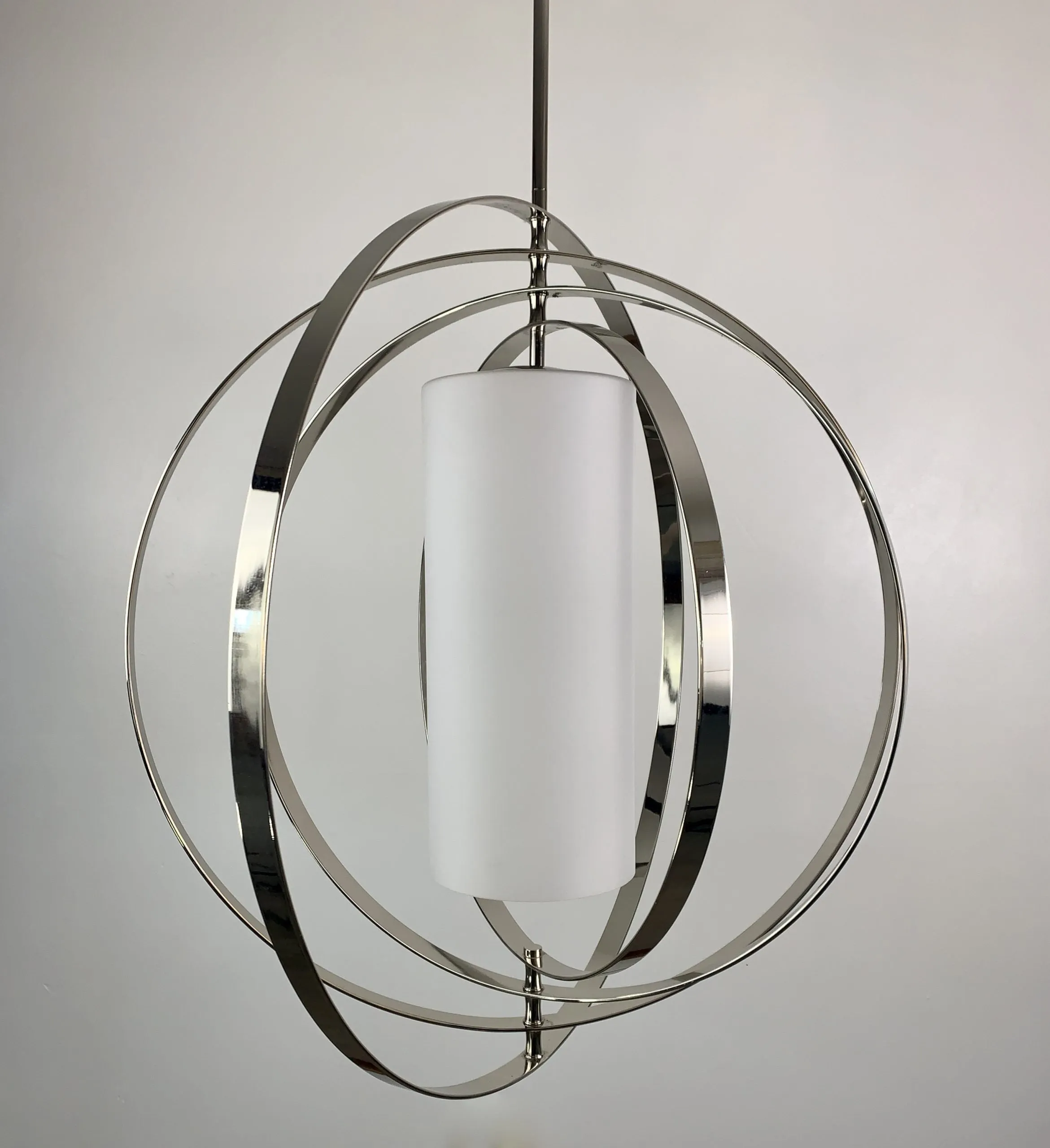 Equinox Foyer Lantern, Hanging Light, Large, Contemporary, Nickel, Frosted Glass Cylindar