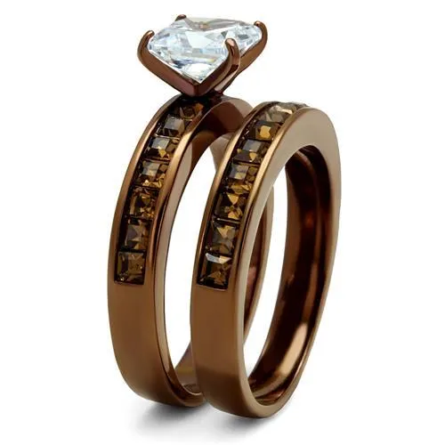 IP Coffee light Stainless Steel Ring with AAA Grade CZ in Clear for Women Style TK2954